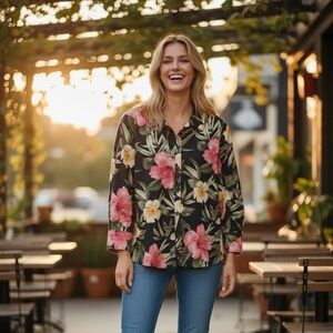 Caribbean Joe Floral Women’s Button Down Shirt Black,Pink,Yellow. Large